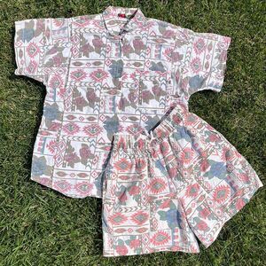 Vintage 1980s/90s Floral Aztec White and Pink Hawaiian Shirt and Short Set